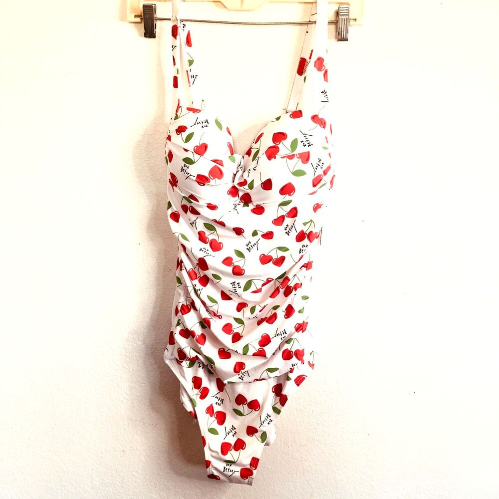 Betsy Johnson "Cherry Bomb" Heart-Print Ruched One Piece Swimsuit New Size L